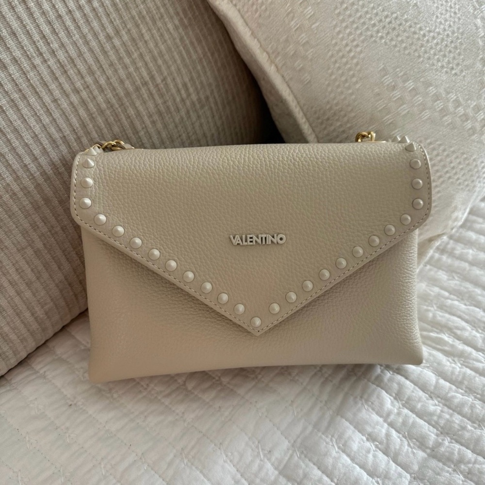 Valentino Cream Leather Stud-Trim Crossbody Bag